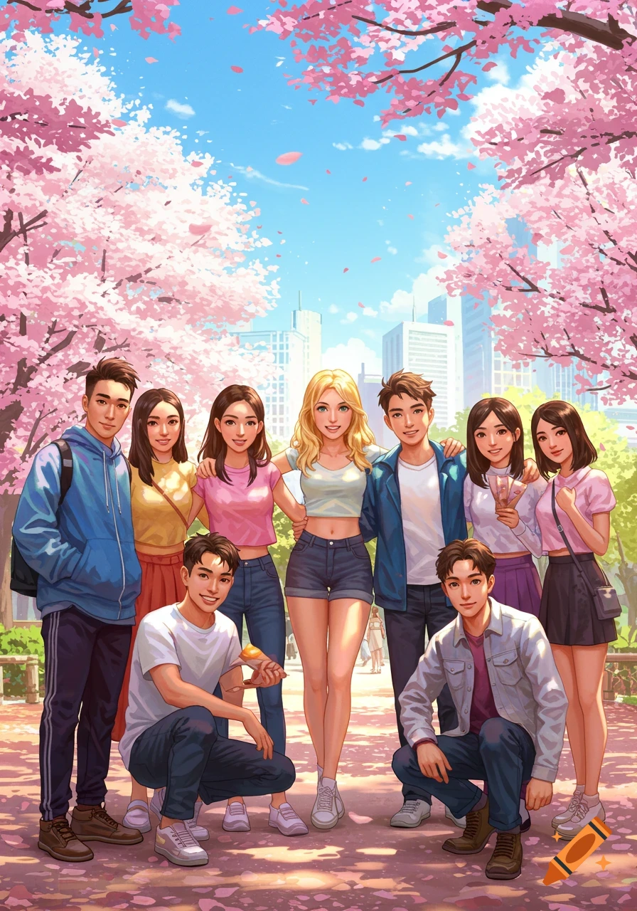 Anime illustration of a diverse group of young friends posing under pink cherry blossom trees in a park with a city background.