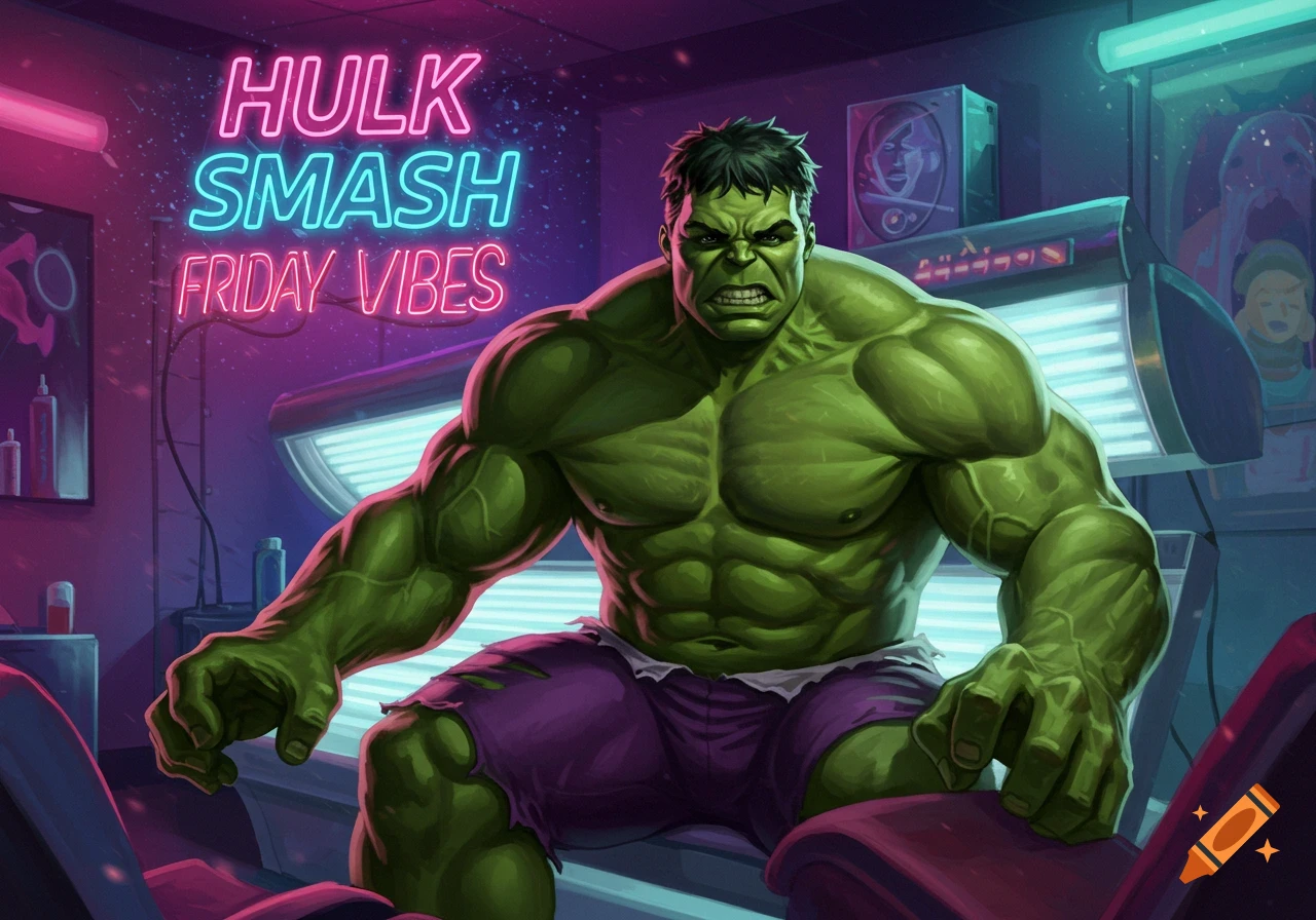 The Hulk, angry and muscular, sits in a vibrant neon-lit tanning salon with 'HULK SMASH FRIDAY VIBES' signs in the background.