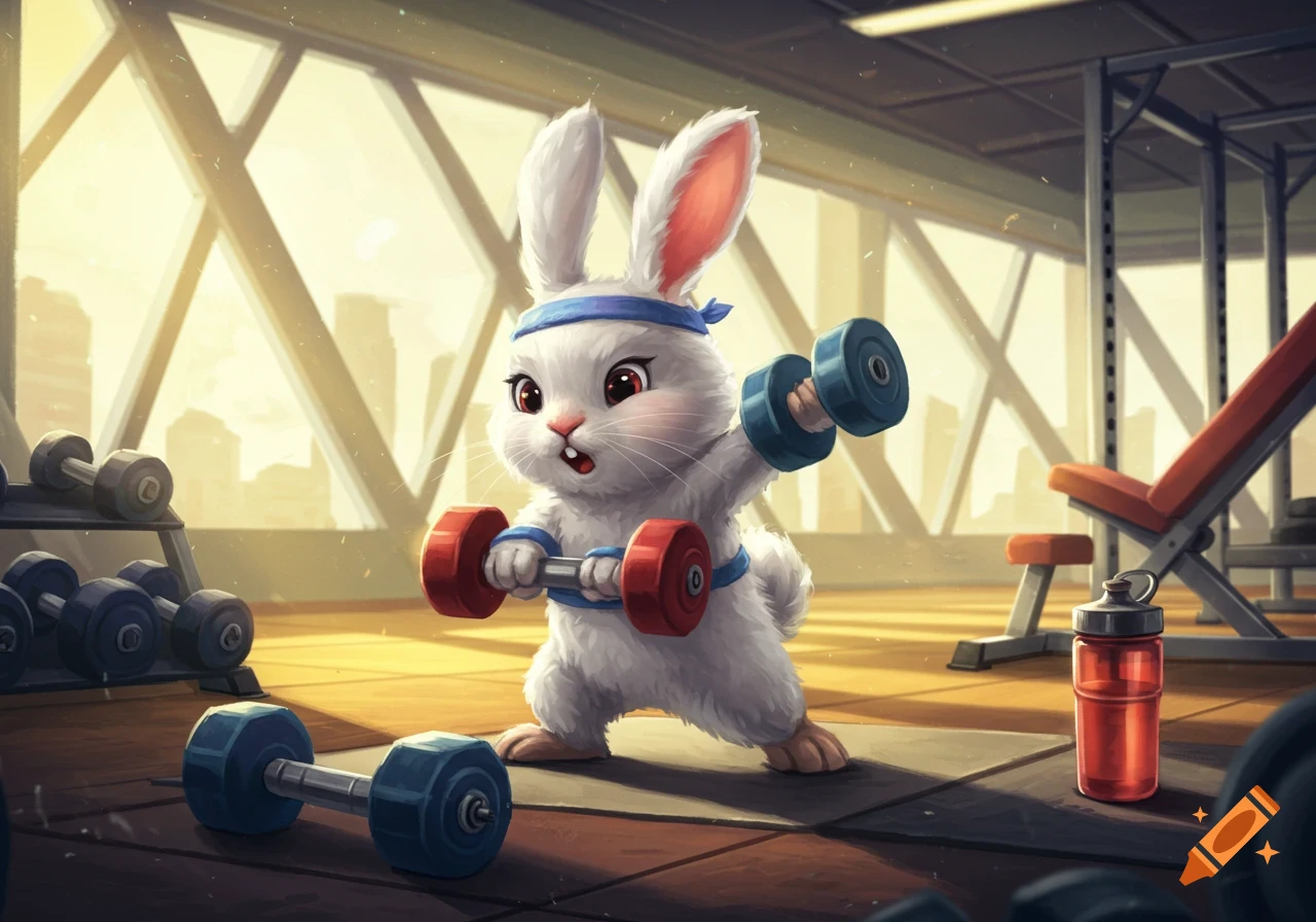 A cute cartoon bunny wearing a blue headband lifts red and blue dumbbells in a gym.