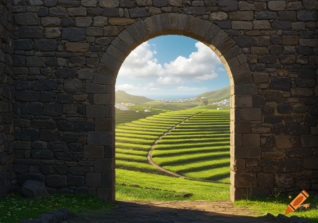 A photorealistic image of a stone archway framing terraced green fields, a distant village, and the ocean under a blue sky.