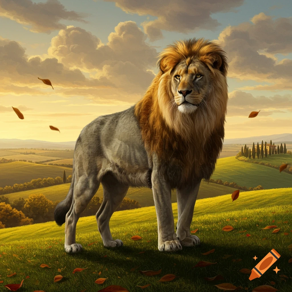 A majestic lion stands on a green hill with falling leaves, overlooking a Tuscan-like landscape under a golden, cloudy sky.