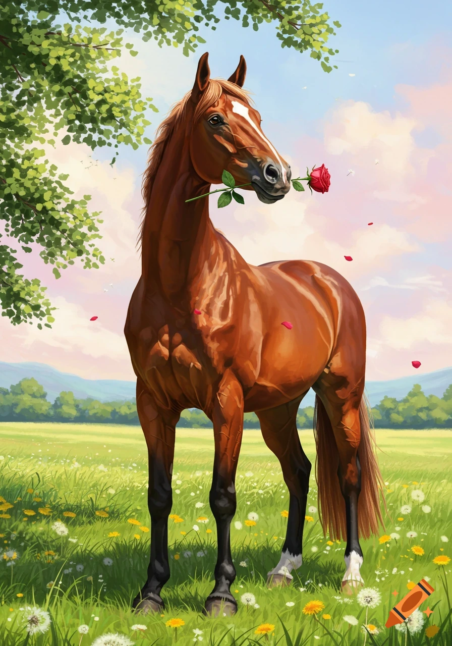 A majestic brown horse with a white blaze stands in a vibrant green meadow dotted with dandelions, holding a red rose in its mouth.