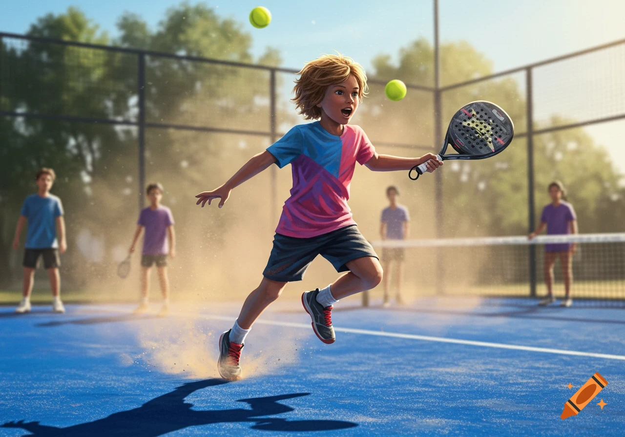 A child with a blue and pink shirt jumps while playing padel on a blue court, holding a racket with two balls in the air. Other children are in the blurred background.