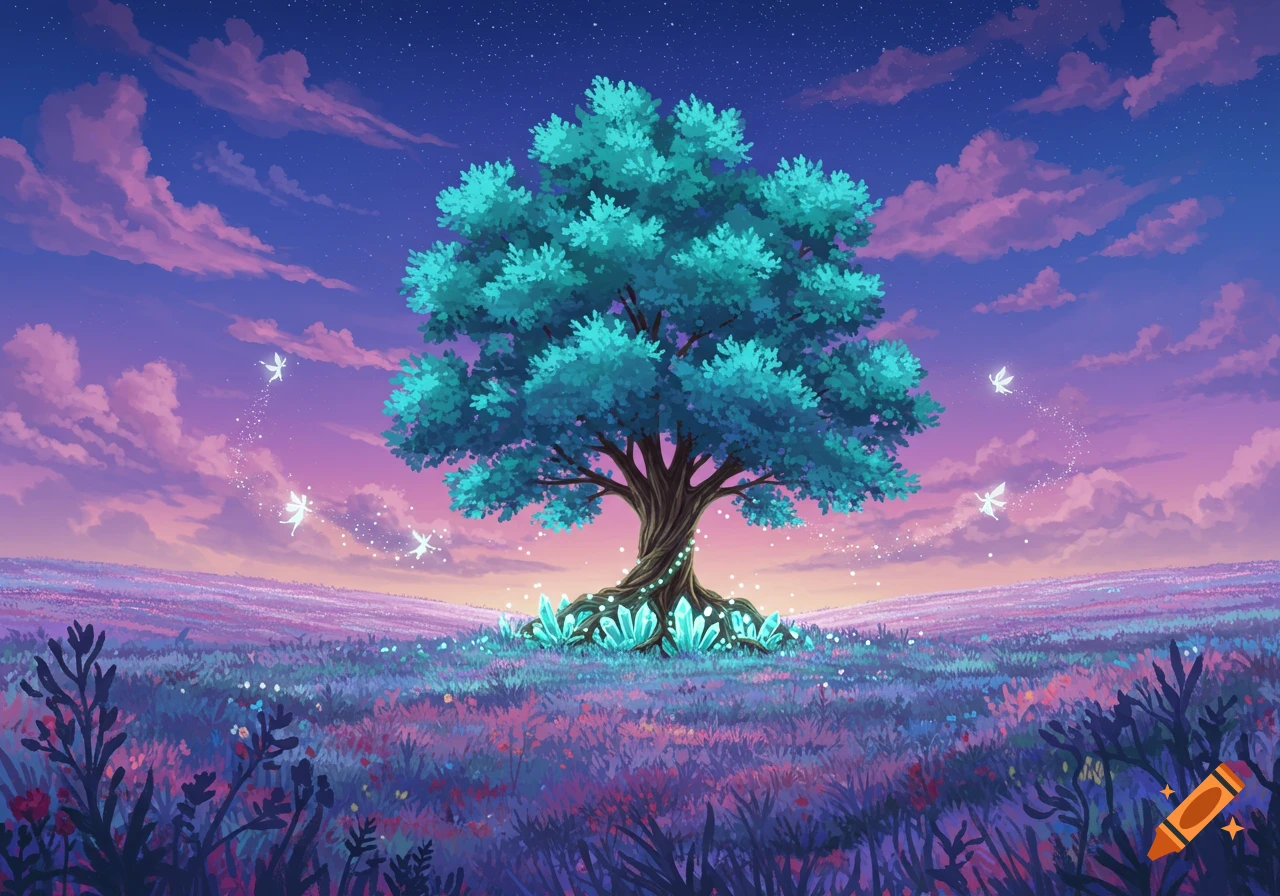 Vibrant fantasy landscape with a large teal tree, glowing crystals, and flying fairies in a purple field under a sunset sky.