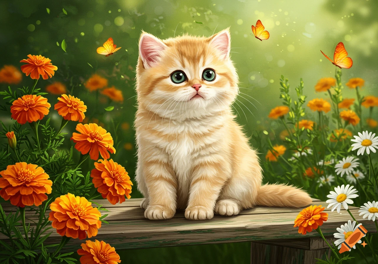 A cute, fluffy orange tabby kitten with big green eyes sits on a wooden bench in a vibrant garden surrounded by marigolds, daisies, and butterflies.