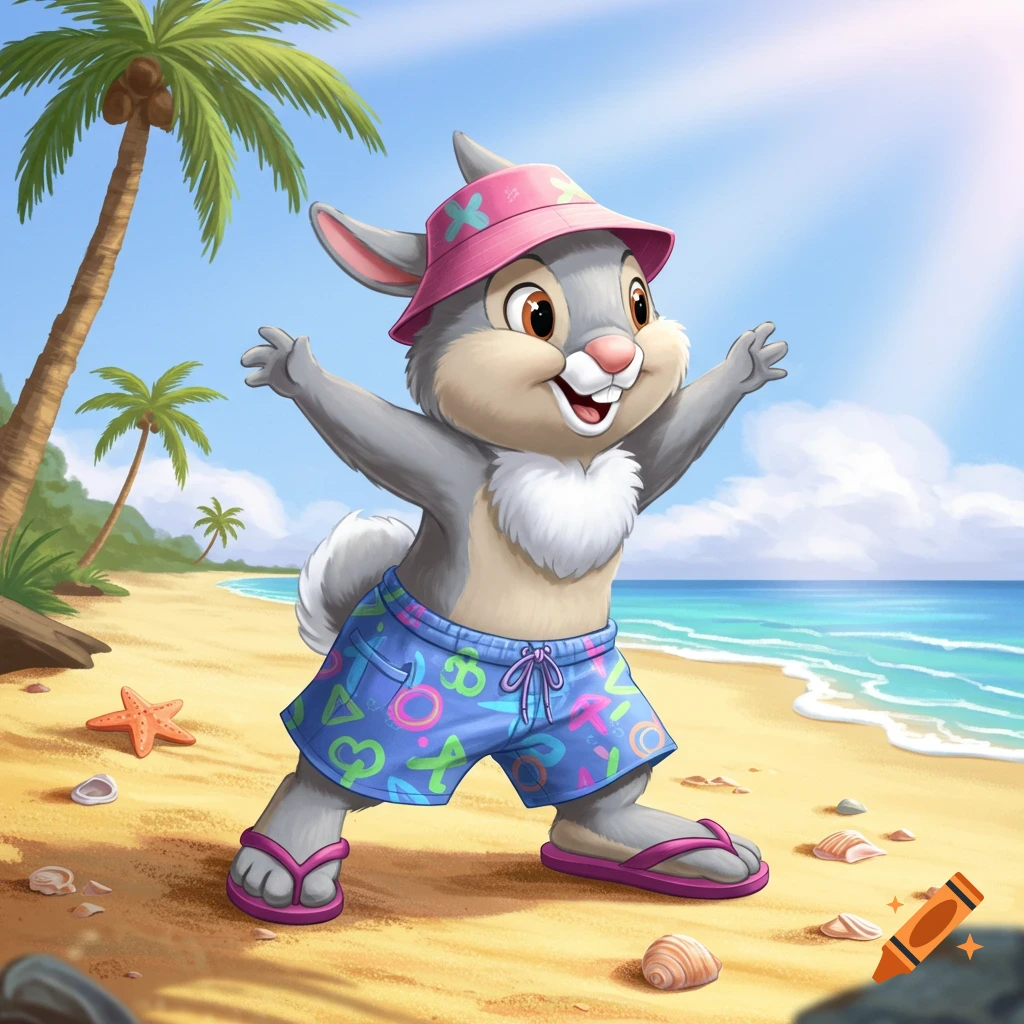 Thumper, the cartoon rabbit, wears a pink bucket hat, blue patterned swim shorts, and pink flip-flops on a sunny beach with palm trees and ocean.