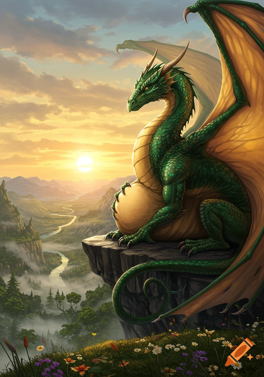 A green and gold dragon with a round belly sits on a cliff overlooking a sunset-lit, misty mountain valley.