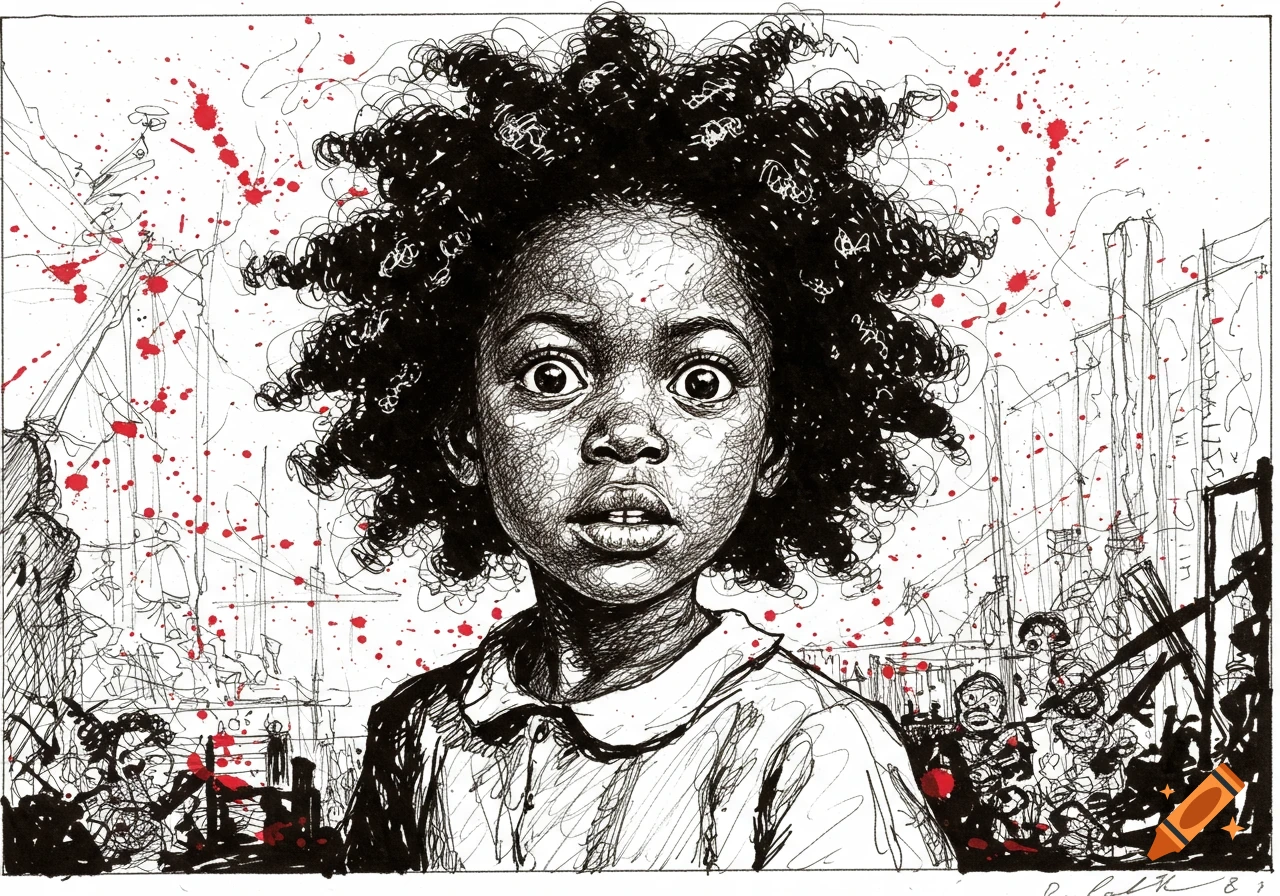 Wonky ink drawing of a young Black girl with wide eyes, distressed, amid red splatters and chaotic city lines, in Ralph Steadman's style.