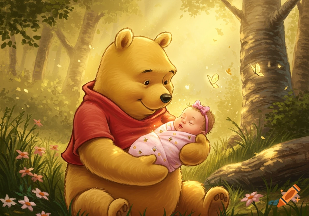 Winnie the Pooh, a yellow bear in a red shirt, gently holds a swaddled baby in a warm, magical forest with butterflies.