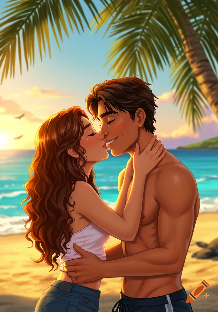 A vibrant digital illustration of a man and woman embracing and kissing on a tropical beach at sunset.