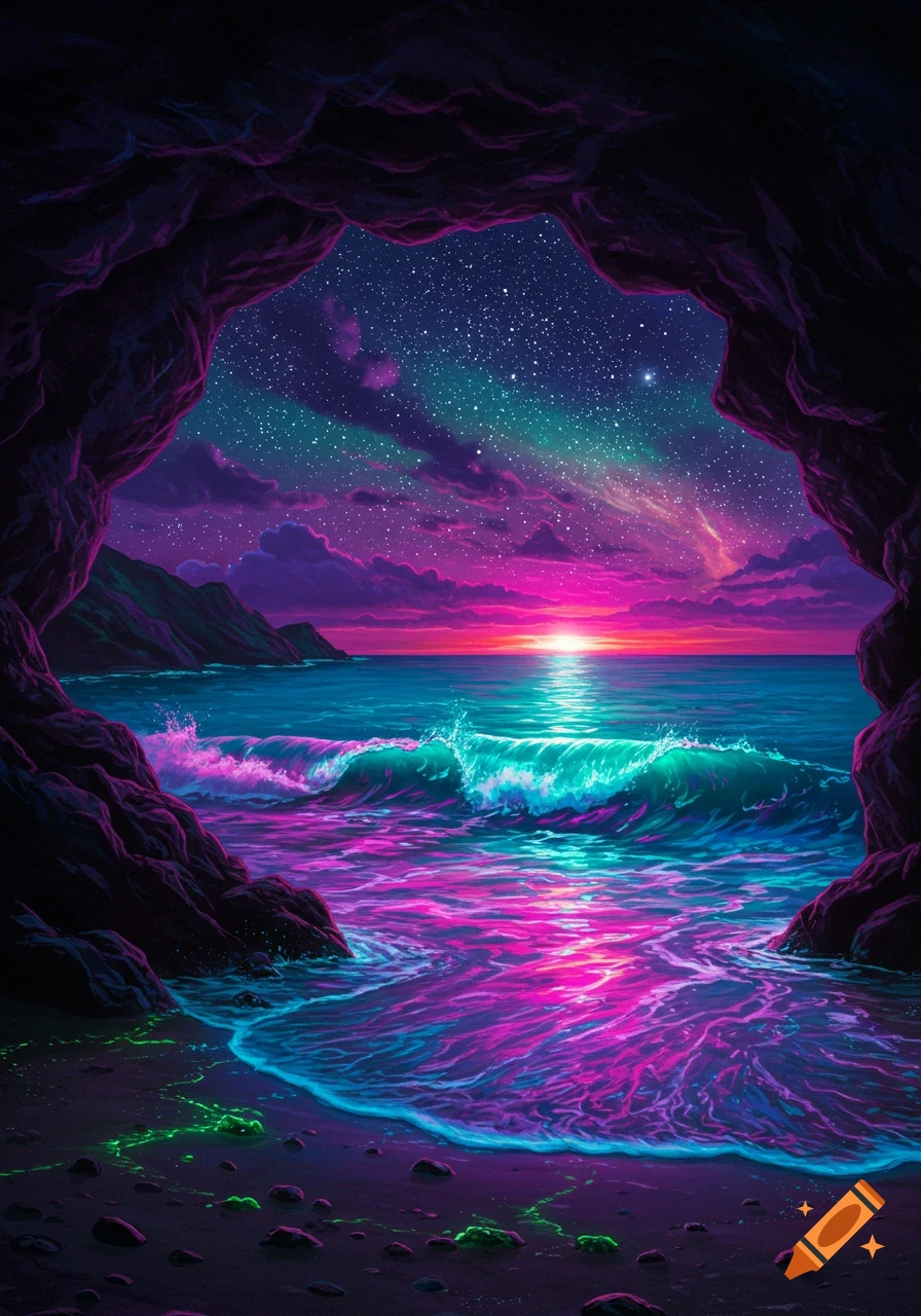 A psychedelic night view from a dark cave opening reveals a vibrant pink and blue ocean with crashing waves and a starry sky with a bright sunset glow on the horizon.