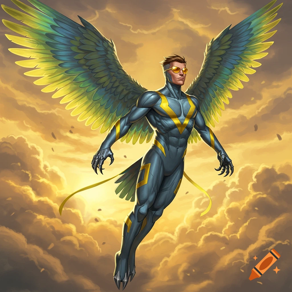 A winged superhero in a gray-blue and yellow suit, wearing shades and clawed gloves, flies against a golden, cloudy sky in a comic art style.