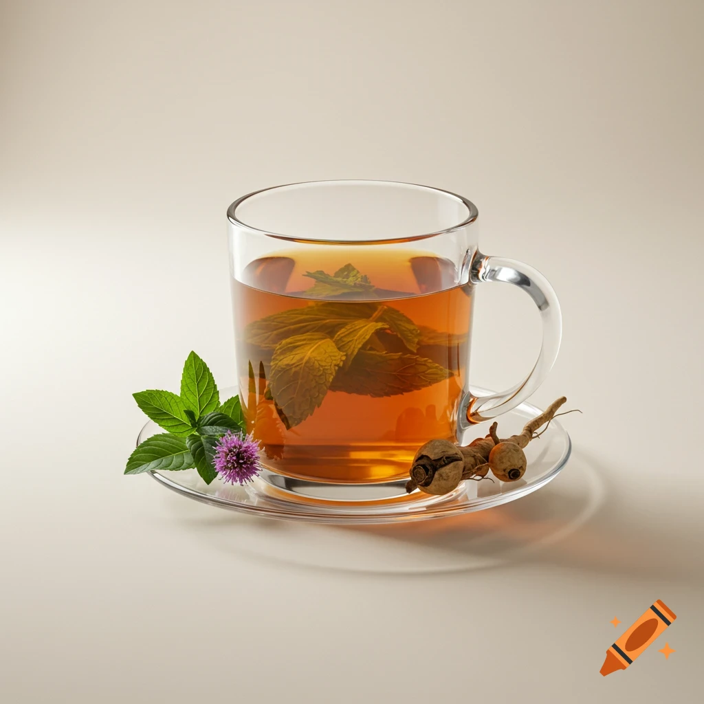 A clear glass cup of amber tea with mint leaves, a fresh mint sprig, purple flower, and dried roots on a glass saucer, on a cream background.