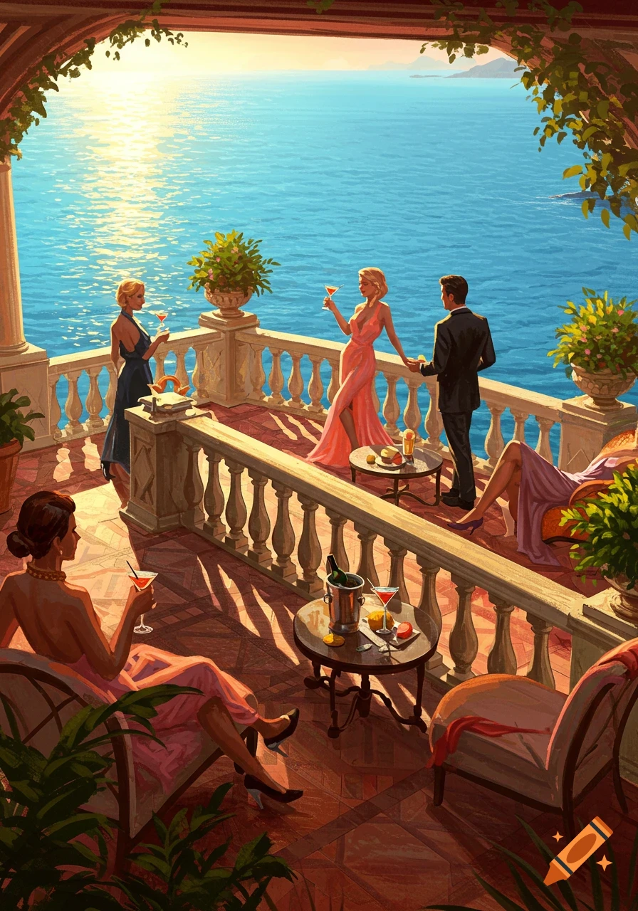 An illustration of elegantly dressed people sipping martinis on a luxurious balcony overlooking a sunny, sparkling blue sea.