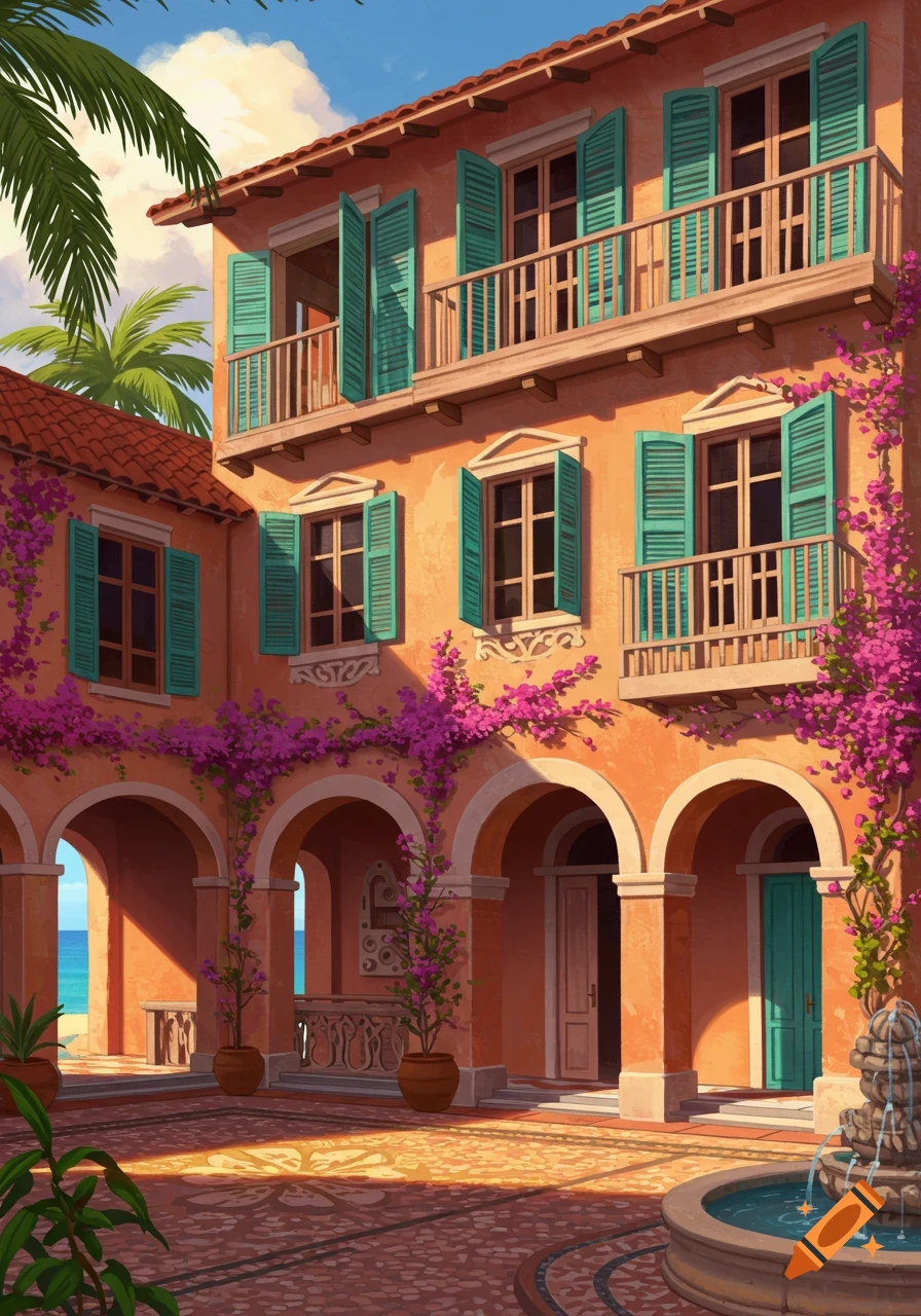 Digital painting of a vibrant Mediterranean-style building with orange walls, teal shutters, pink flowers, and a courtyard fountain.