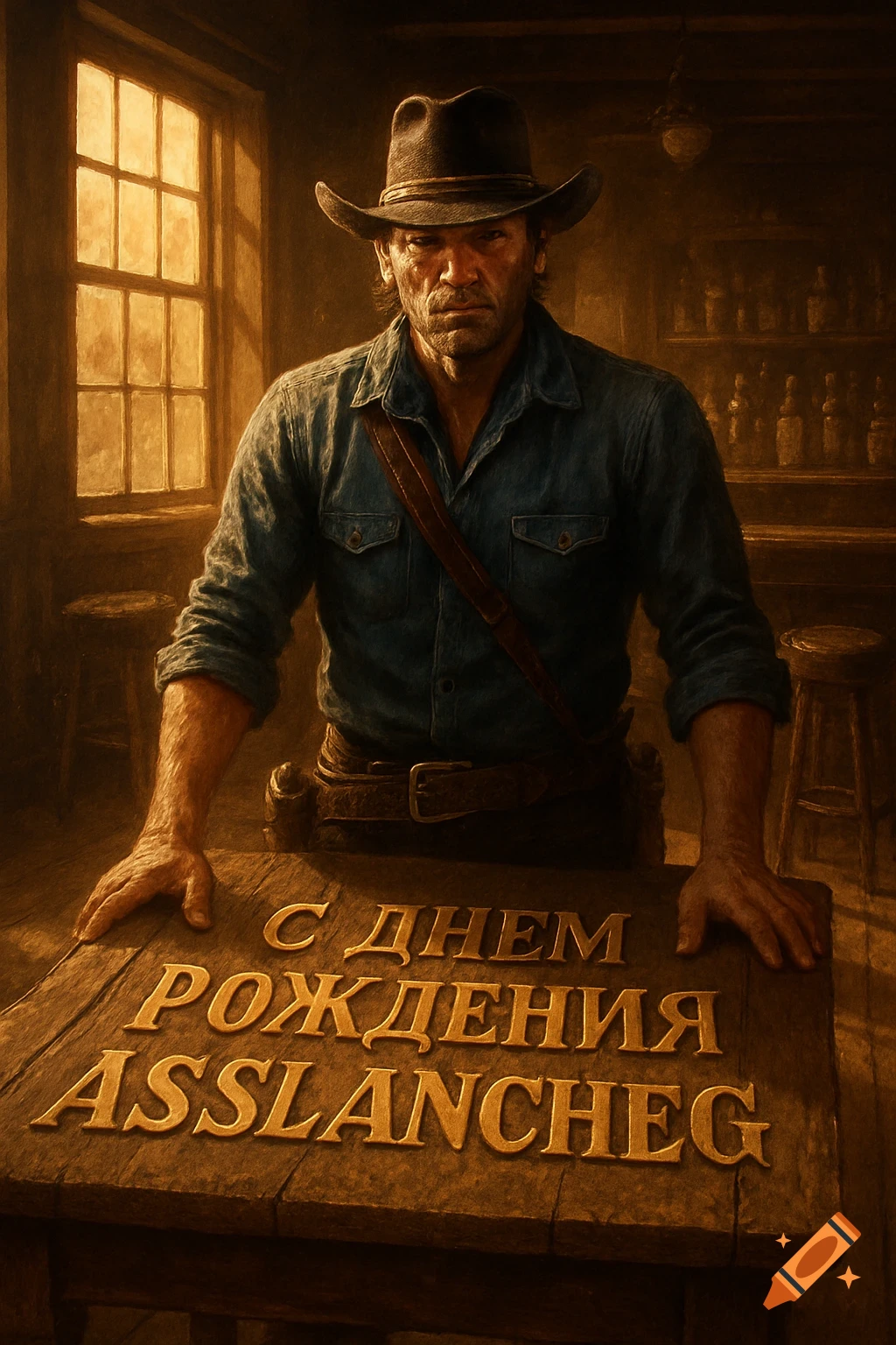 A rugged cowboy-like man stands behind a wooden table with 'Happy Birthday ASSLANCHEG' in Cyrillic, in a dimly lit saloon.