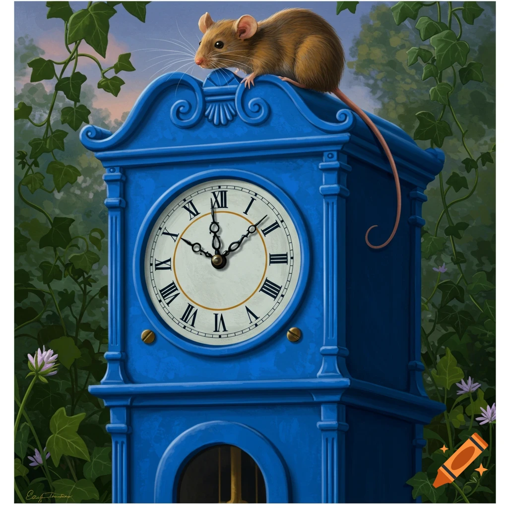 A brown mouse perched on a decorative blue grandfather clock in a lush green garden, illustrated.