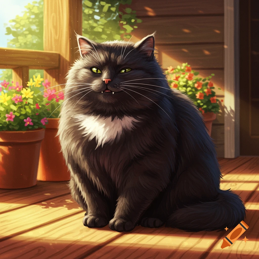 A fluffy black cat with green eyes, a pink nose, and a white chest patch sits on a sunny wooden porch with potted flowers in a digital art style.