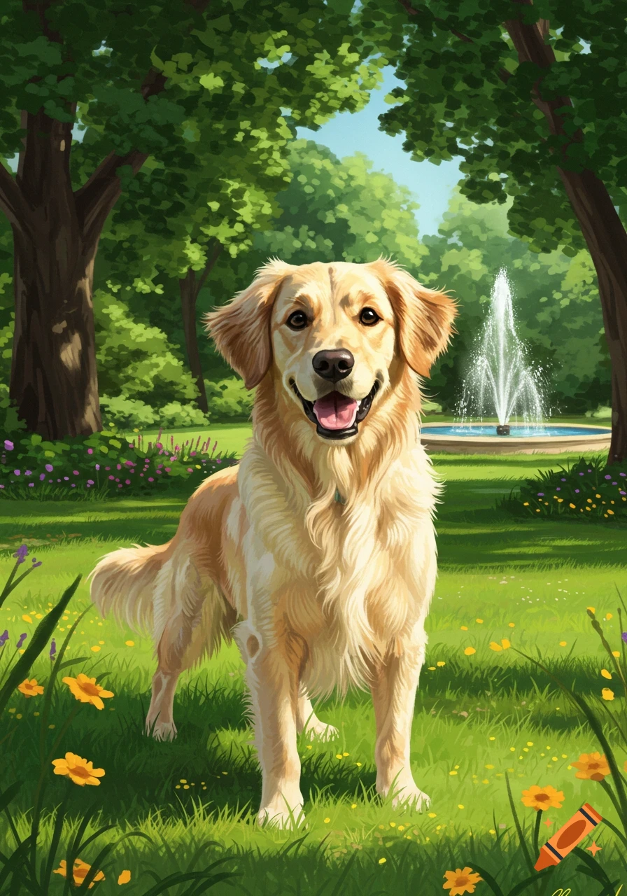 A golden retriever dog stands happily in a vibrant green park with a fountain and trees in the background, in an illustration style.