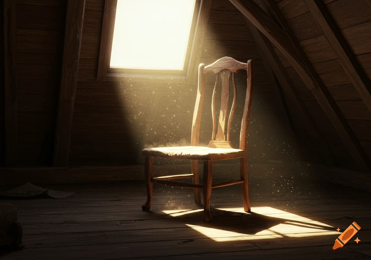 An old, worn wooden chair sits in a dusty attic, illuminated by a bright shaft of sunlight streaming through a window.