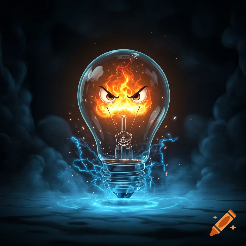 Angry, glowing lightbulb with fiery eyes, surrounded by blue lightning and smoke, digital illustration.