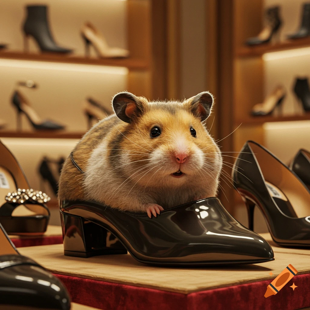 A photorealistic hamster sits inside a shiny black high-heeled shoe in a shoe store.