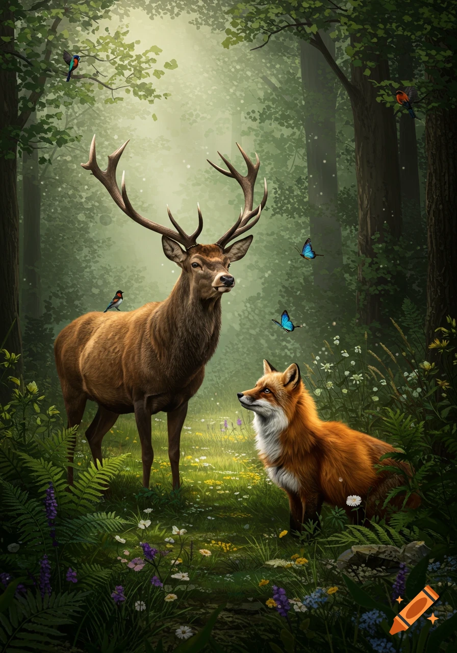 A majestic stag stands next to a red fox in a sunlit forest clearing, with birds and butterflies among wildflowers. Digital painting style.