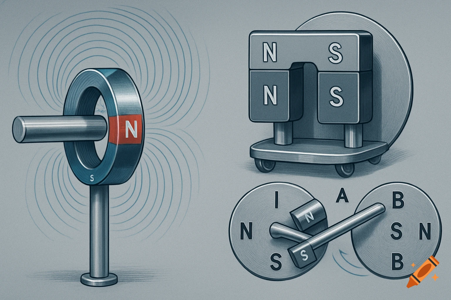Scientific diagram illustrating different magnet configurations and magnetic fields. Includes a ring magnet, a U-shaped magnet, and interacting disc magnets.