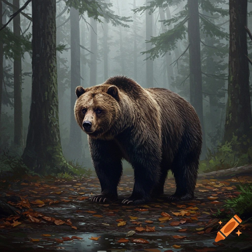 A photorealistic grizzly bear stands on a leaf-strewn forest floor, looking forward. Misty trees fill the background.
