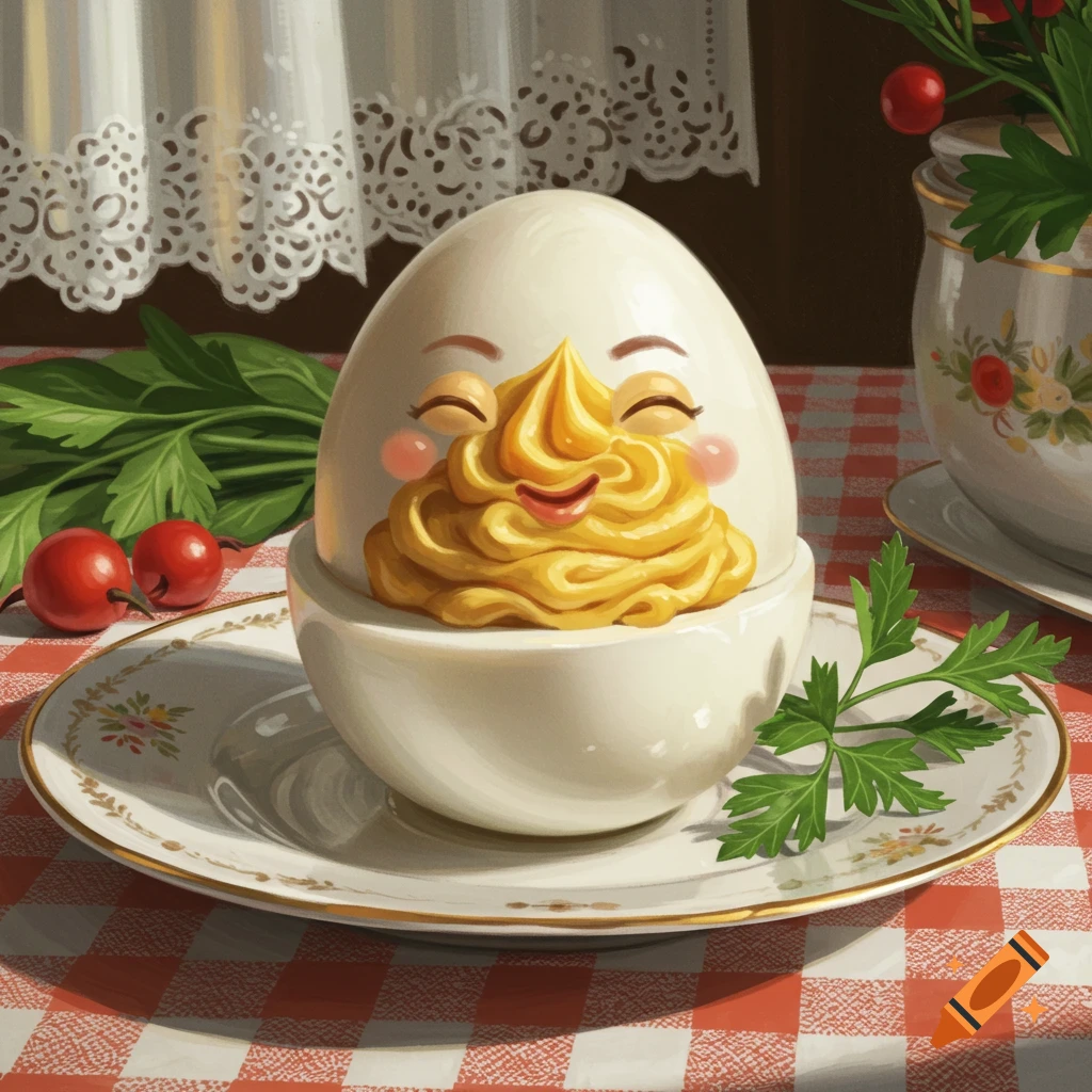 A cute, smiling deviled egg in an egg cup on a decorative plate on a checkered tablecloth with garnishes. Digital art.