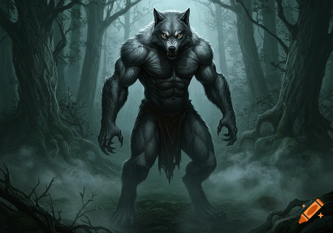A muscular gray werewolf with glowing orange eyes stands menacingly in a dark, misty forest, digital art.