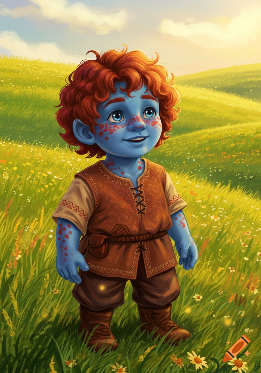 A whimsical illustration of a blue-skinned boy with red freckles and red curly hair, standing in a sunny green field.