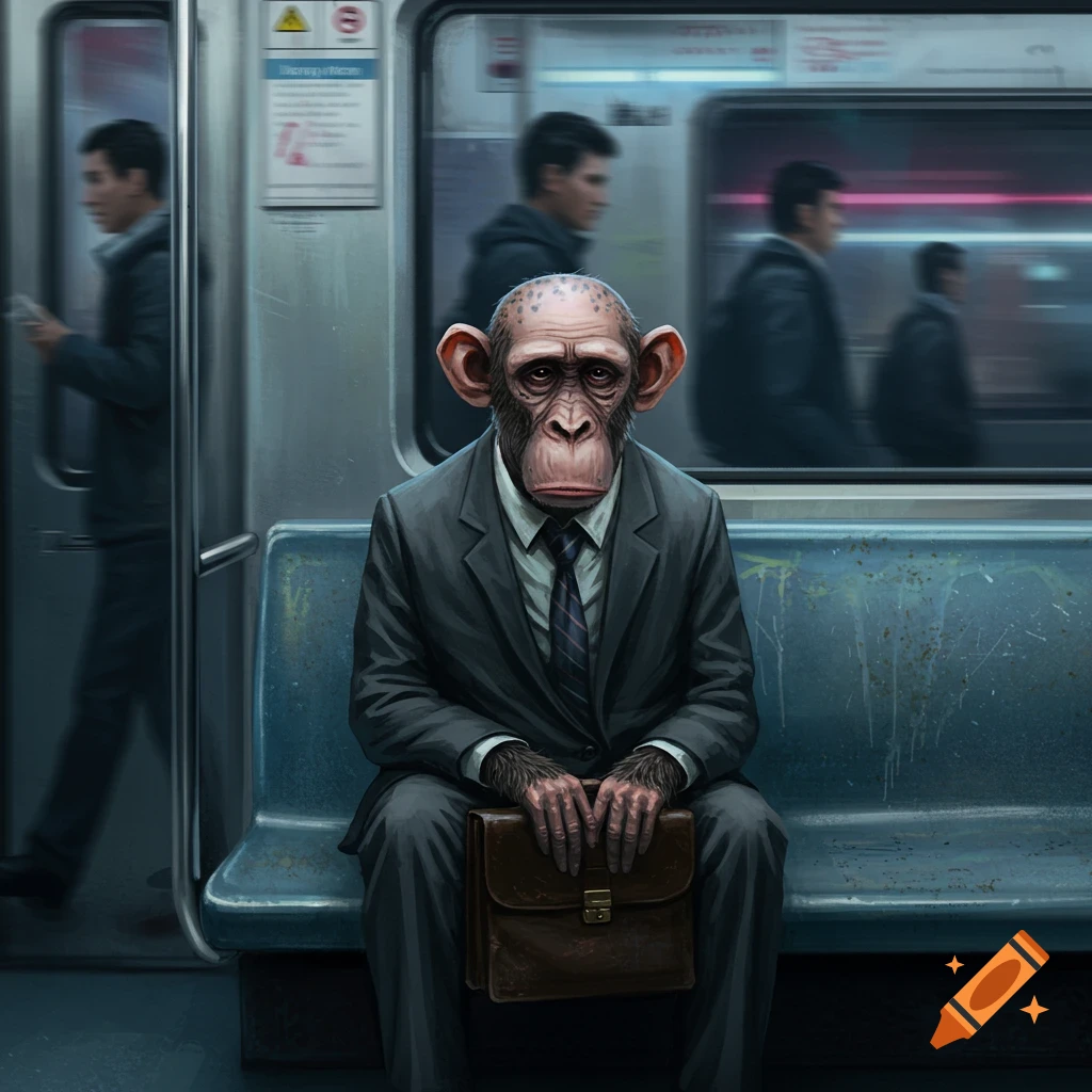 A balding chimpanzee in a dark suit sits stoically on a subway train bench, holding a briefcase. Photorealistic style.