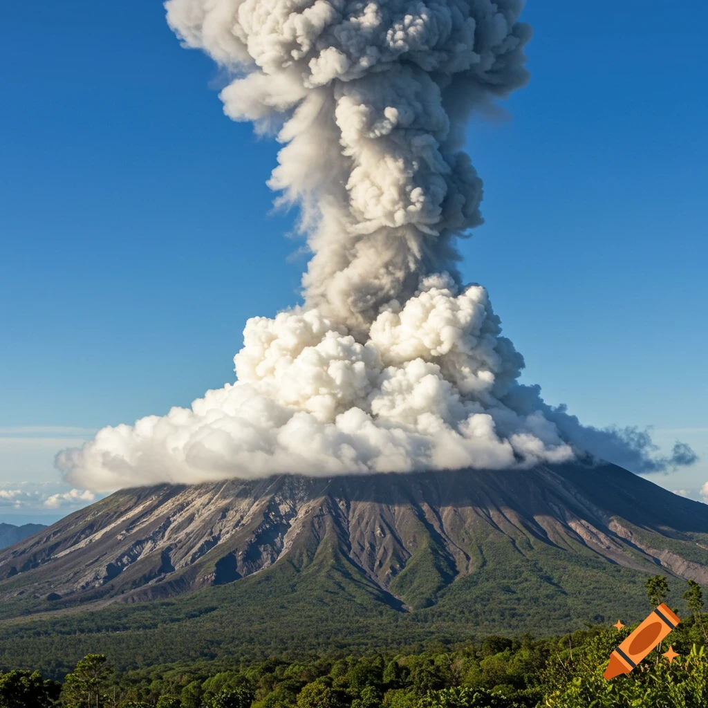 A photorealistic image of a volcano erupting a massive plume of white marshmallow fluff into a clear blue sky, with green forests at its base.