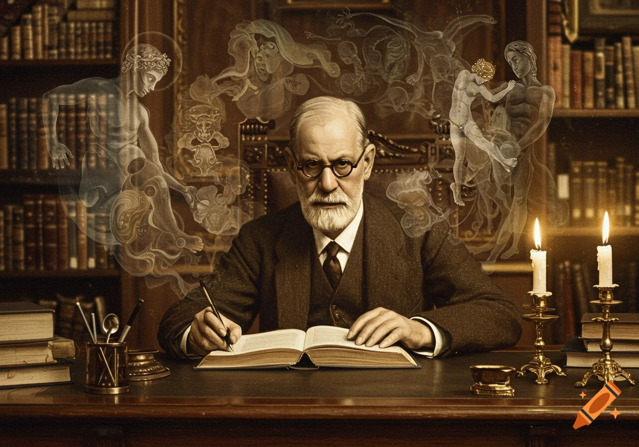 Sigmund Freud sits at a desk in a library, writing in a book, surrounded by swirling ghostly figures. Two lit candles illuminate the scene.