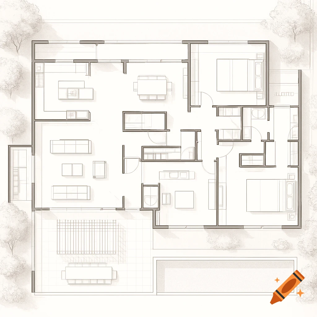 Aerial view of an architectural floor plan sketch for a villa, showing rooms, furniture, patio, and swimming pool.