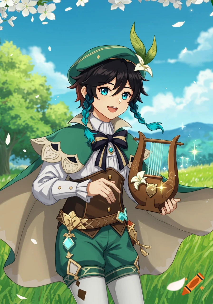 Anime character Venti from Genshin Impact, a boy with dark hair and blue braids, smiling while holding a lyre in a sunny green field.