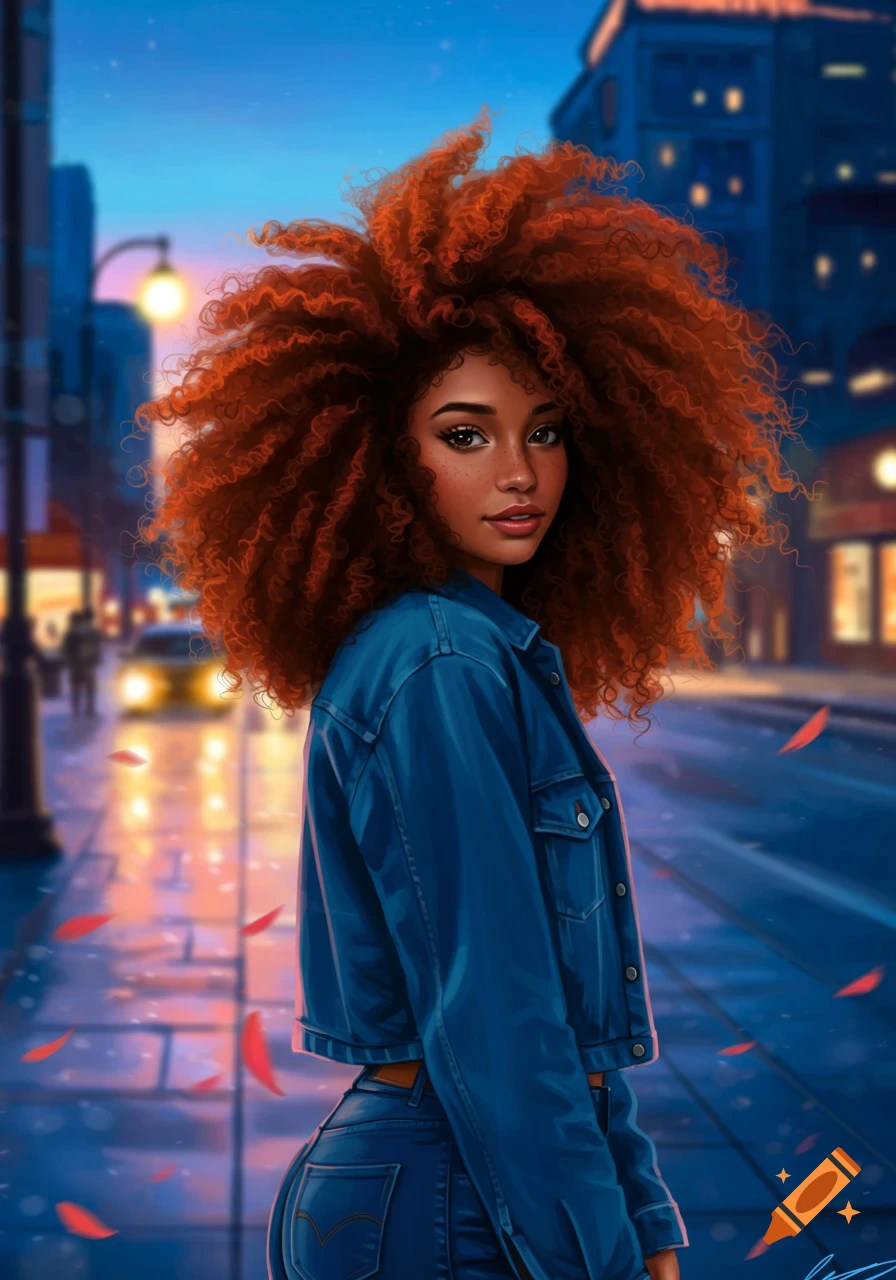 Digital illustration of a girl with voluminous red afro hair, wearing a denim jacket and jeans, standing on a wet urban street at dusk.