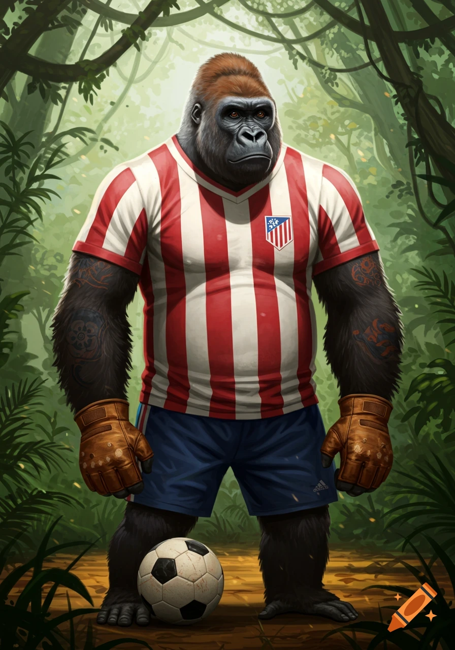 An illustrated gorilla in a red and white striped soccer jersey, blue shorts, and brown gloves stands in a jungle with a soccer ball at its feet.