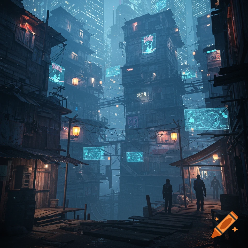 A moody, hyper-realistic cyberpunk city scene with glowing signs, towering buildings, and people walking through misty slums at night.