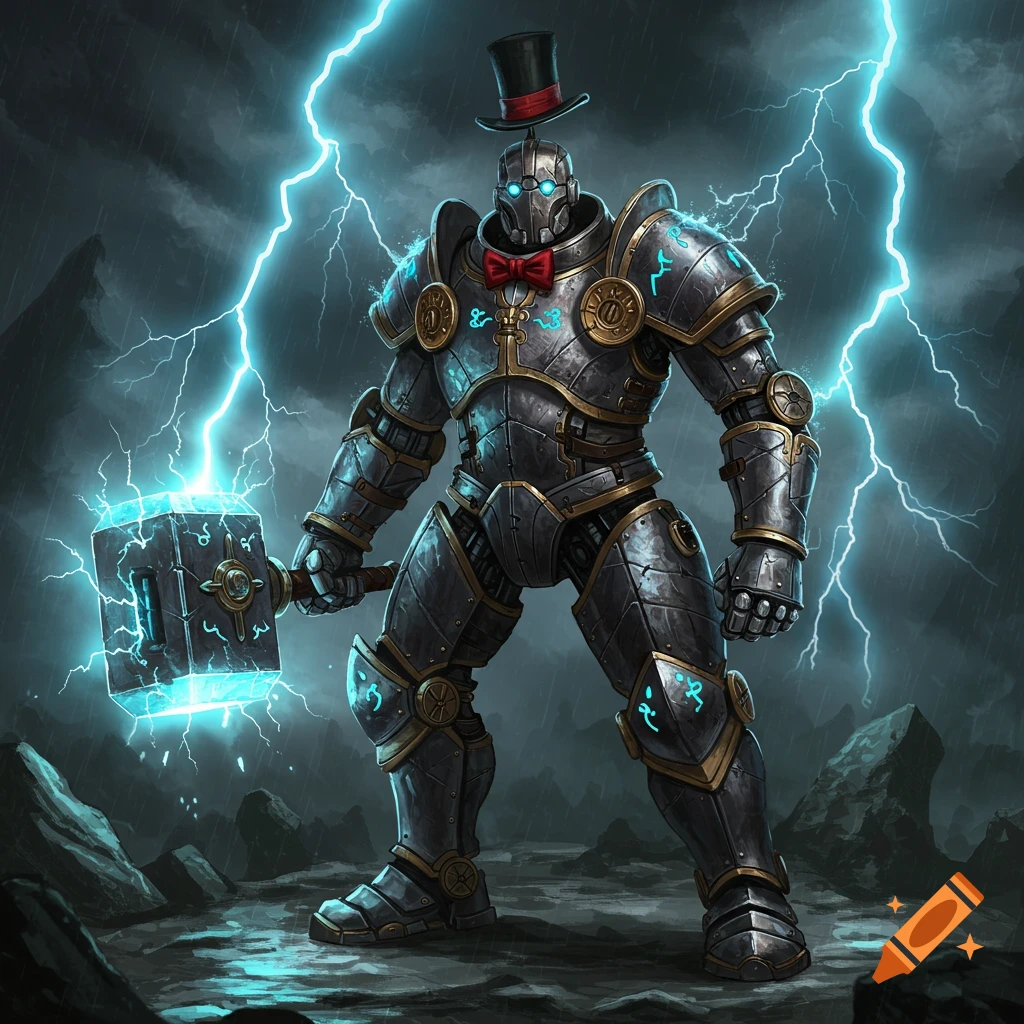 A stylized Warforged robot in ornate metal armor holds a glowing warhammer amidst a lightning storm, wearing a small top hat and a red bowtie.