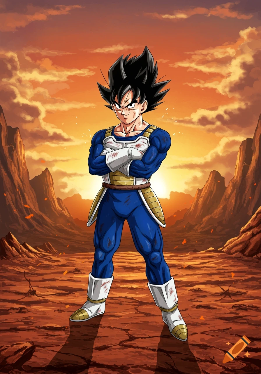 Anime Goku, wearing battle-damaged Vegeta armor, stands with arms crossed in a barren, rocky landscape under an orange sunset.