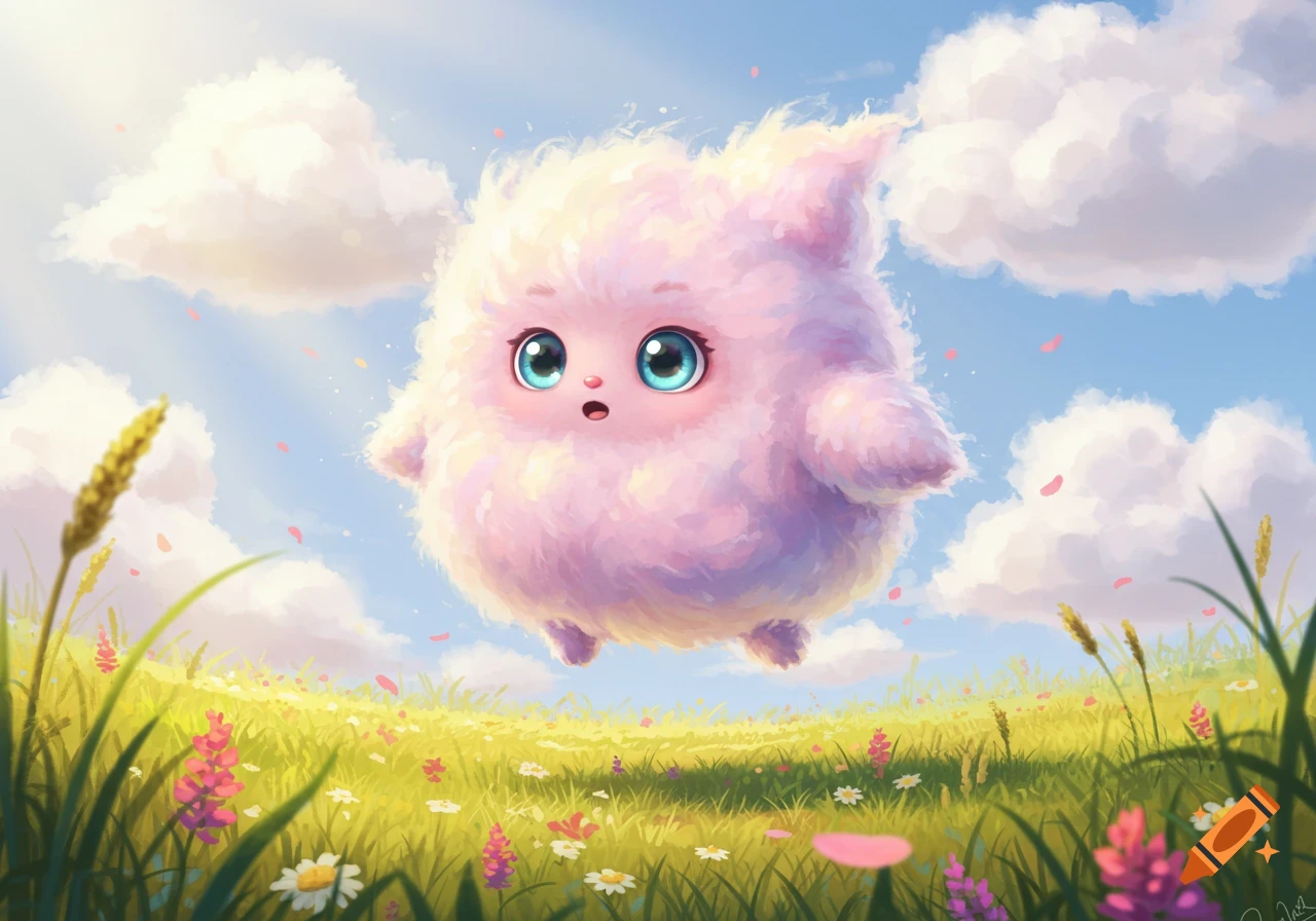 A whimsical, fluffy pink creature with big blue eyes floats over a green field filled with wildflowers under a bright blue sky.