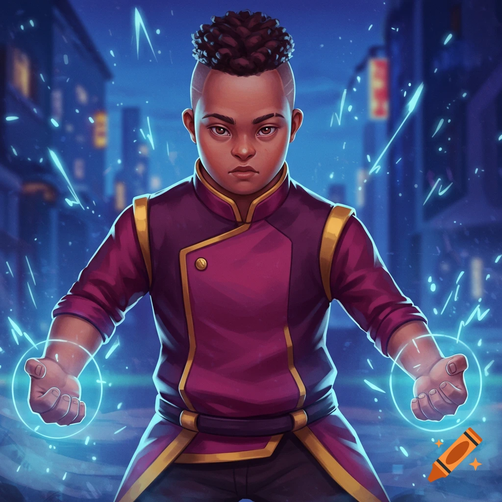 A young person with a serious expression, wearing a magenta and gold uniform, with blue energy glowing around their hands in a city street.