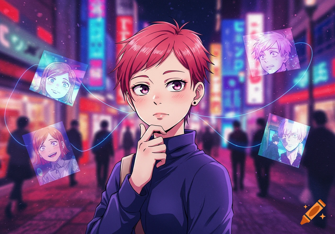 An anime character with short pink hair and blush, deep in thought with hand on chin, stands in a neon-lit city street at night. Four glowing square images of other anime characters float around them.