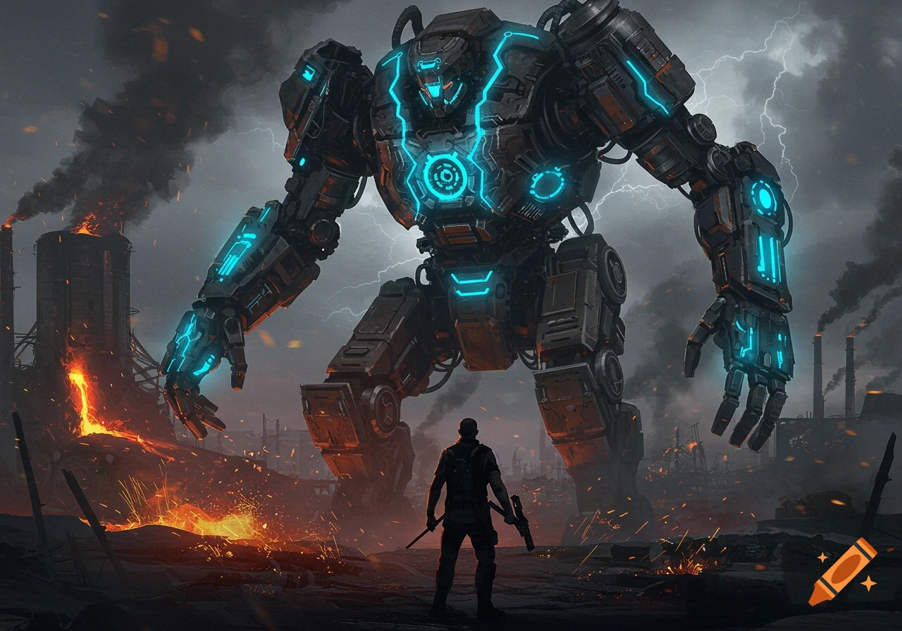 A lone man with a weapon faces a colossal glowing blue robot in a stormy, fiery industrial wasteland. Concept art style.