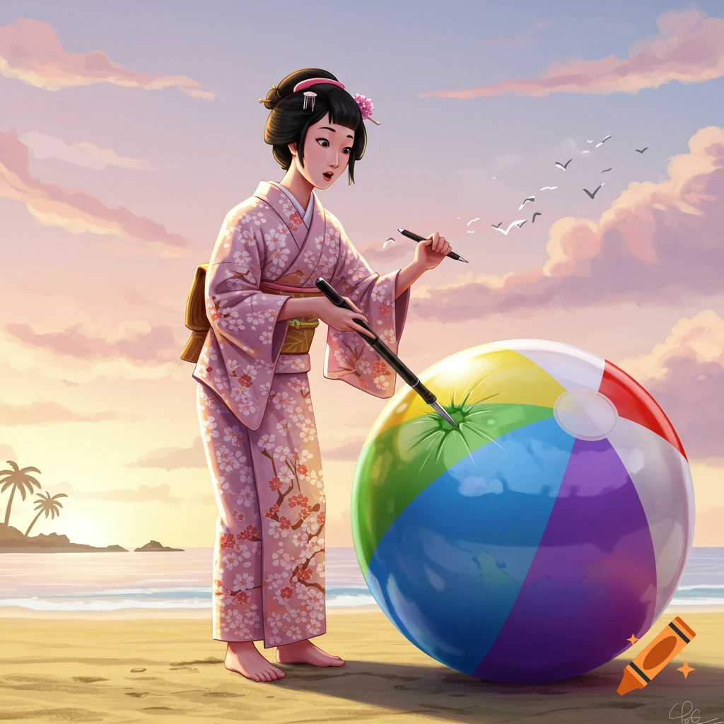 An anime-style Japanese woman in a pink kimono punctures a large, colorful beach ball on a sandy beach at sunset.