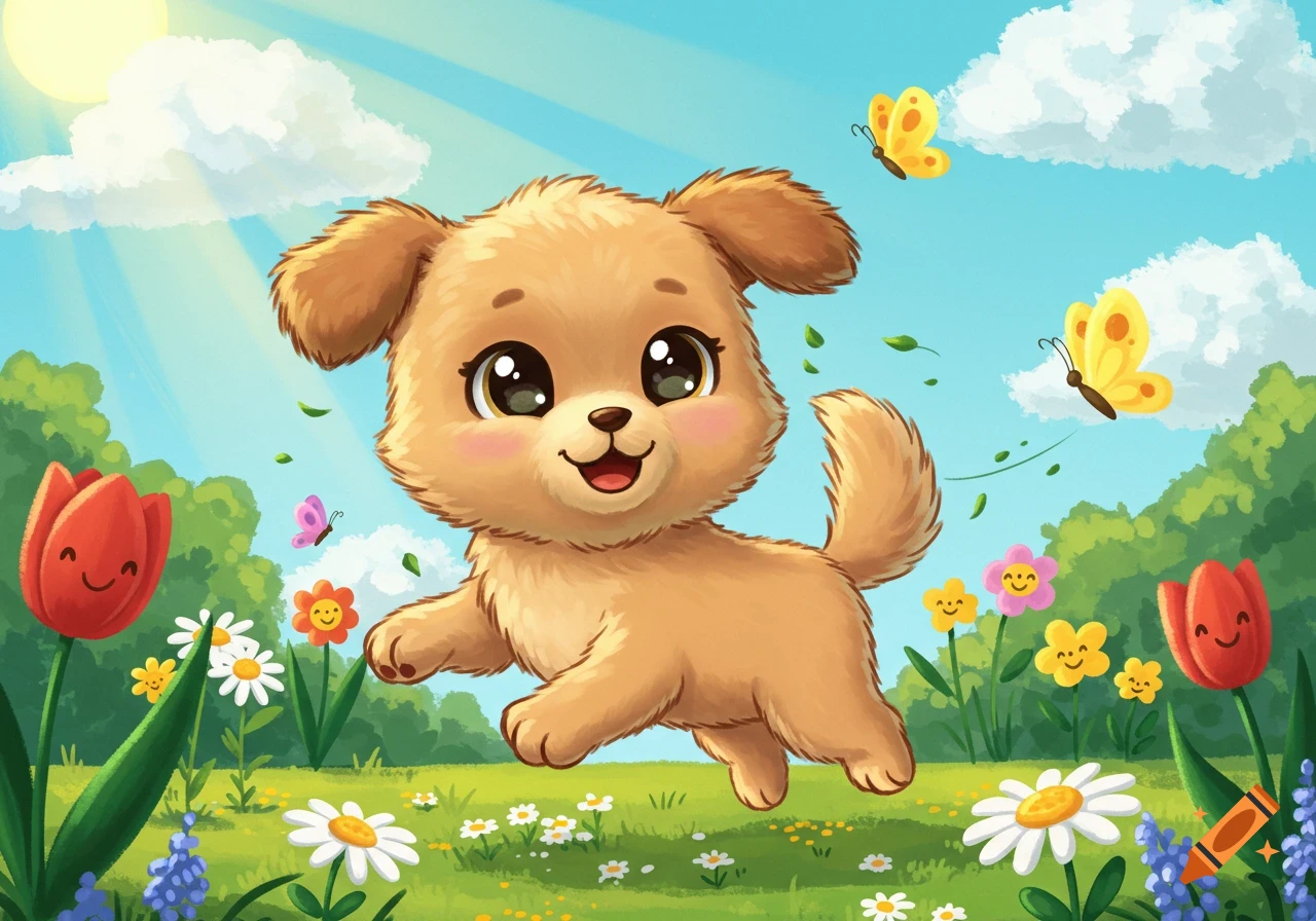 A cute cartoon puppy happily jumps through a sunny field with colorful flowers and butterflies.