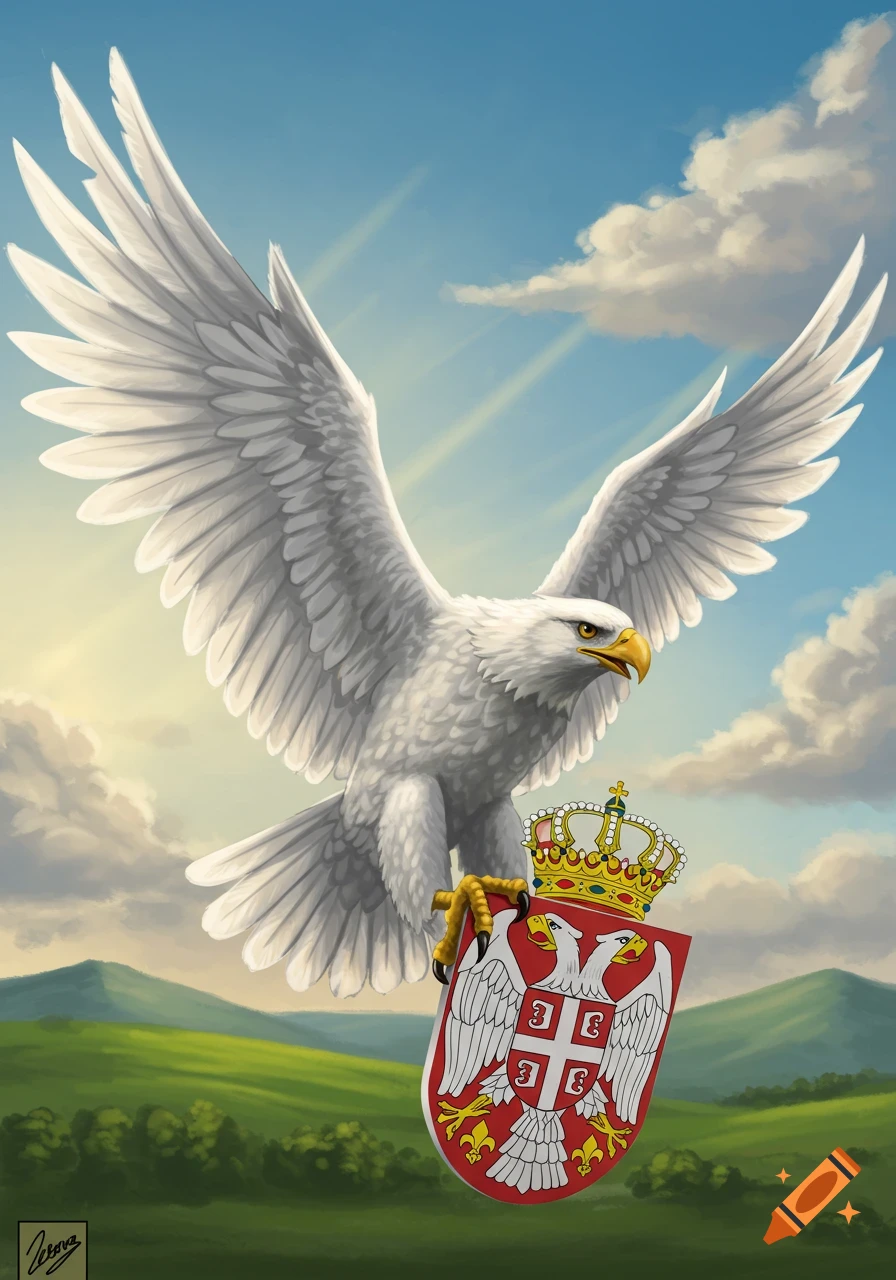 A majestic white eagle soars with a red and white Serbian crest, against a blue sky with green hills below. Illustrated style.