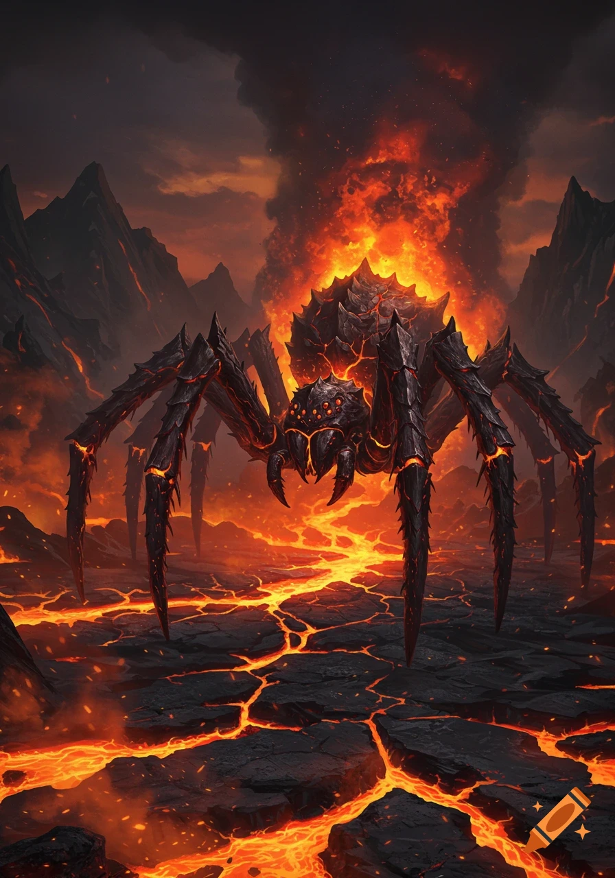 A giant, spiky, armored fire lava spider with glowing eyes on a molten volcanic landscape under a dark, smoky sky.